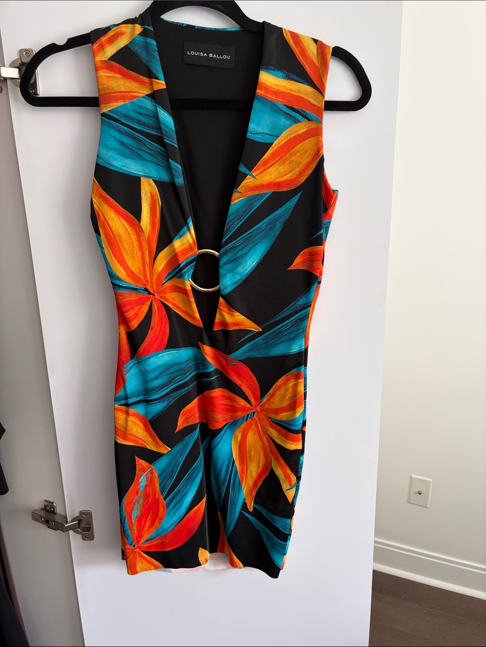 Louisa Ballou Black Tropical V-Neck Dress with Teal & Orange Floral